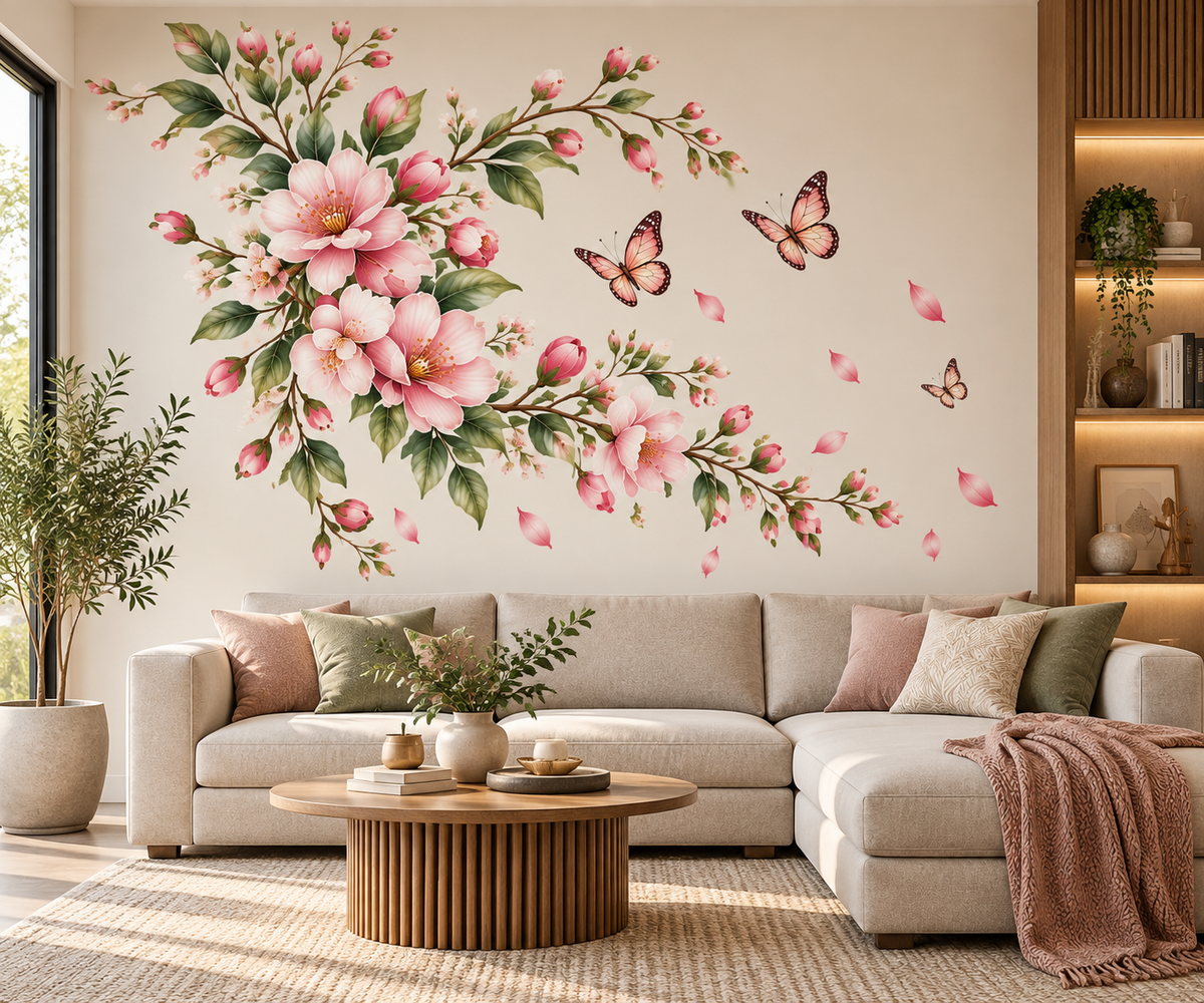 Botanical Butterfly Blossom Wall Decal – Pink Floral & Butterfly Wall Sticker