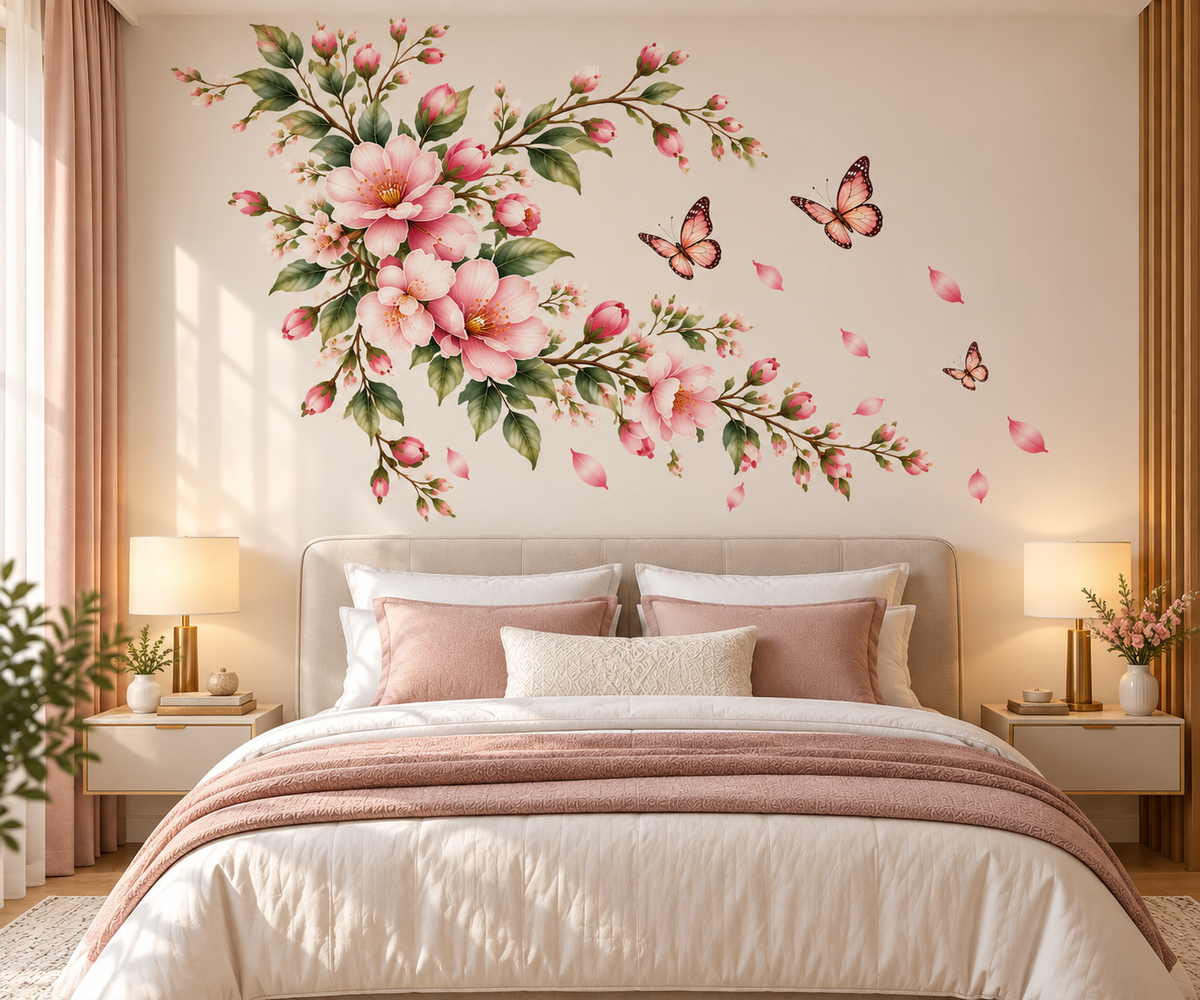 Botanical Butterfly Blossom Wall Decal – Pink Floral & Butterfly Wall Sticker