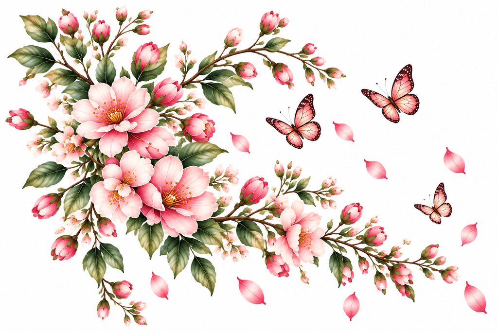 Botanical Butterfly Blossom Wall Decal – Pink Floral & Butterfly Wall Sticker